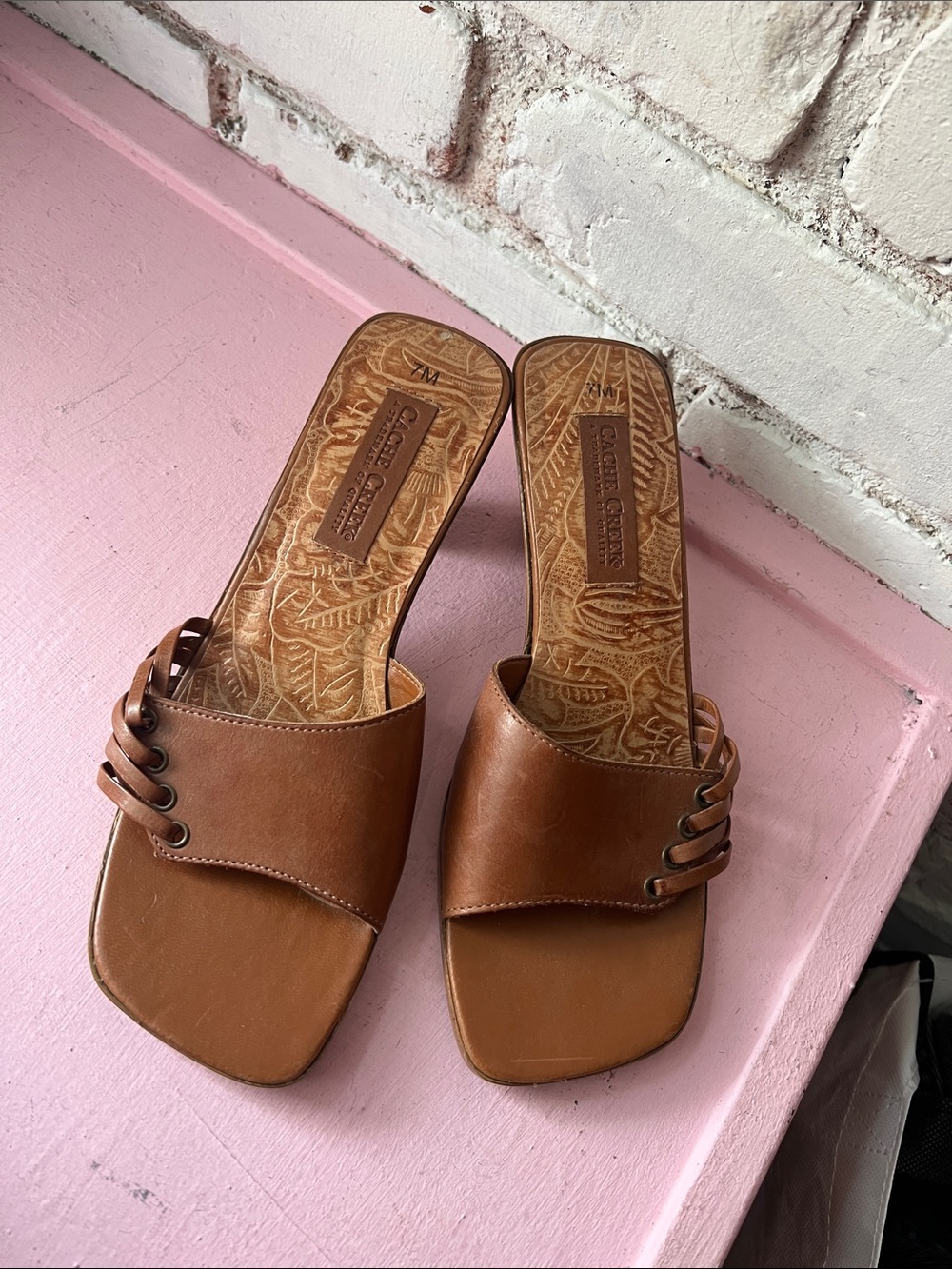 Square open toe Vintage Brown Leather Slide Mules with Braided Side Detail